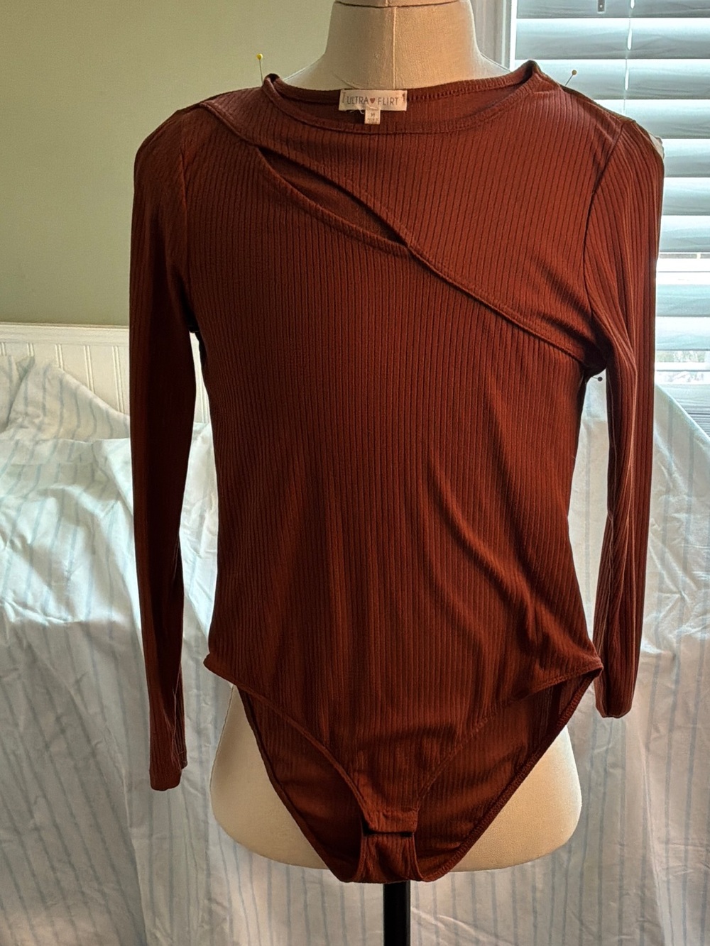 Ultra Flirt Burnt Orange Ribbed Long-Sleeve Bodysuit